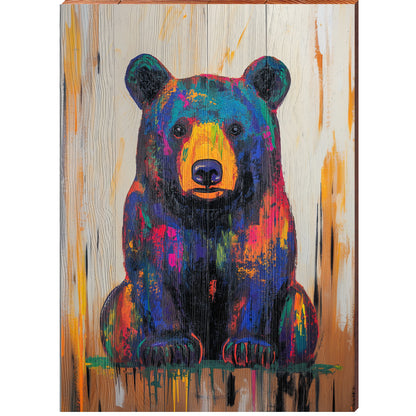 Colorful Black Bear Portrait | Wall Art Print on Real Wood