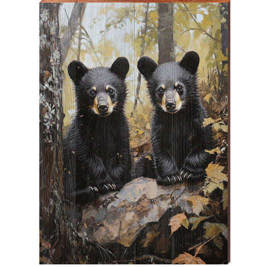 The Cutest Black Bear Cubs Portrait | Wall Art Print on Real Wood