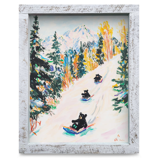 Black Bear Sledding | Real Wood Framed Wall Art Print