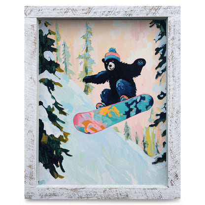 Black Bear Snowboarder | Real Wood Framed Wall Art Print