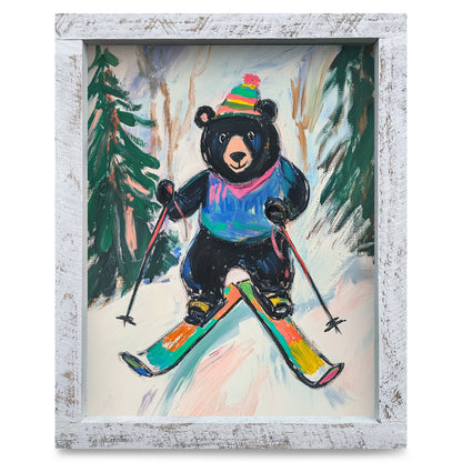 Black Bear Skier | Real Wood Framed Wall Art Print