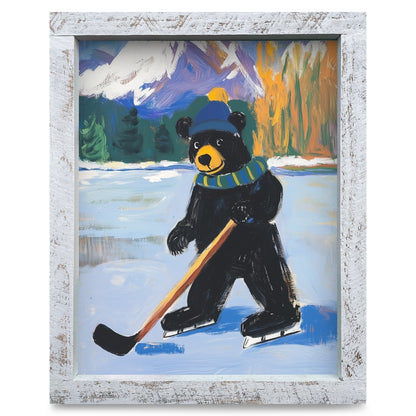 Black Bear Hockey Player | Real Wood Framed Wall Art Print