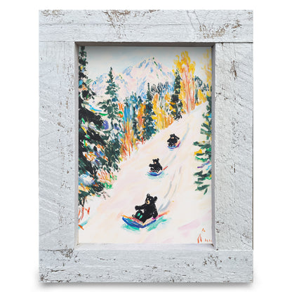 Black Bear Sledding | Real Wood Framed Wall Art Print