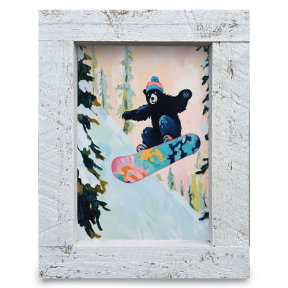 Black Bear Snowboarder | Real Wood Framed Wall Art Print