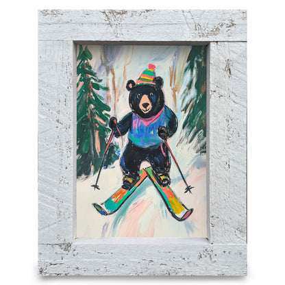 Black Bear Skier | Real Wood Framed Wall Art Print