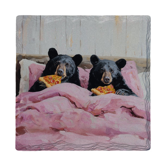 Pizza in Bed Bears | Absorbent Ceramic Drink Coaster