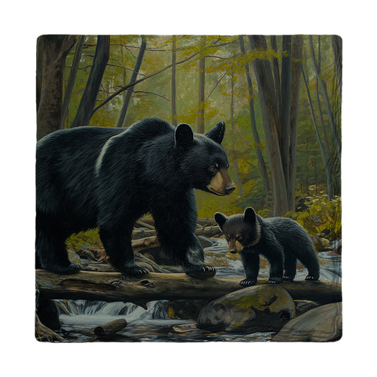 Log Crossing Bears | Ceramic Drink Coaster