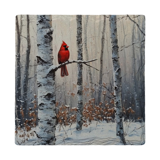 Snowy Cardinal In Birch Tree | Ceramic Drink Coaster