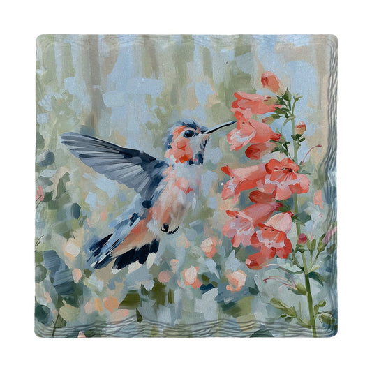 Hummingbird and Coral Blooms | Ceramic Drink Coaster