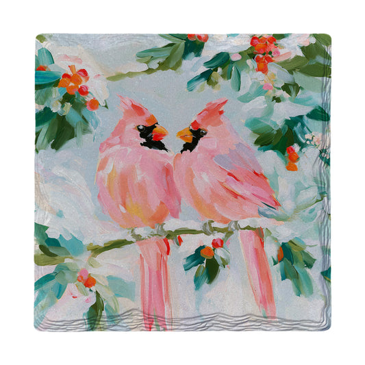 Pink Cardinal Pair absorbent ceramic drink coaster