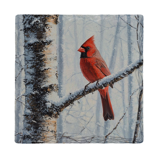 Winter Cardinal In Birch Tree | Ceramic Drink Coaster
