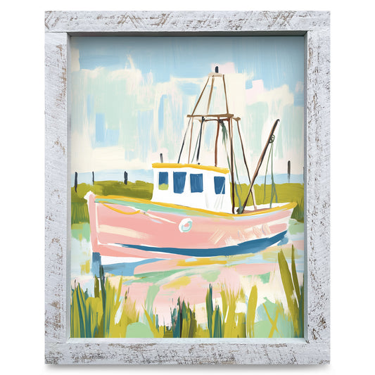 Pastel Shrimp Boat | Real Wood Framed Wall Art Print