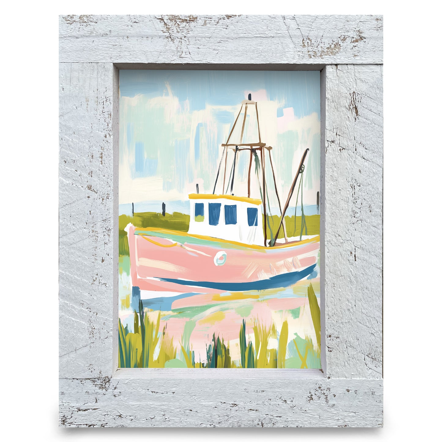 Pastel Shrimp Boat | Real Wood Framed Wall Art Print