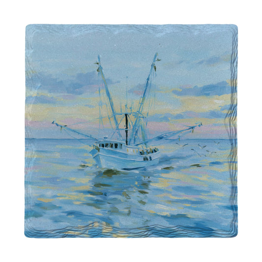 Shrimp Boat at Sunset | Ceramic Drink Coaster