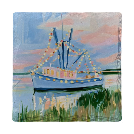 Shrimp Boat Christmas Lights | Ceramic Drink Coaster