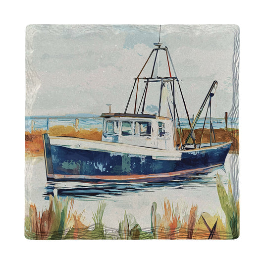 Anchored Blue Fishing Boat | Ceramic Drink Coaster