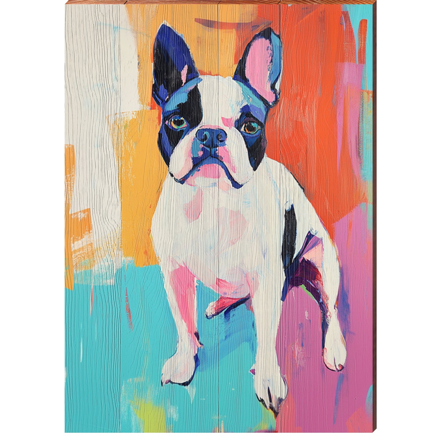 Colorful Boston Terrier Portrait | Wall Art Print on Real Wood