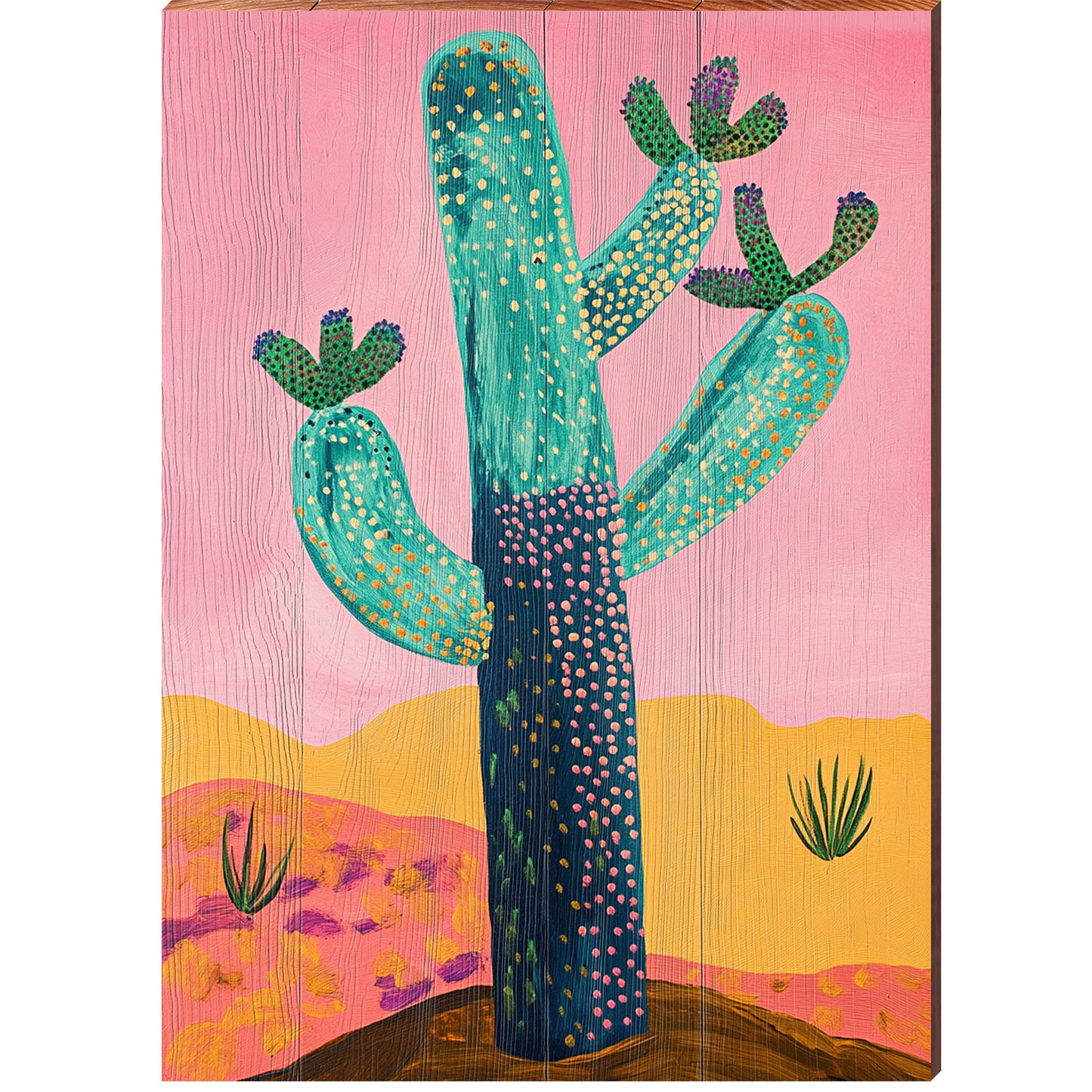 Whimsy Cactus Portrait | Wall Art Print on Real Wood