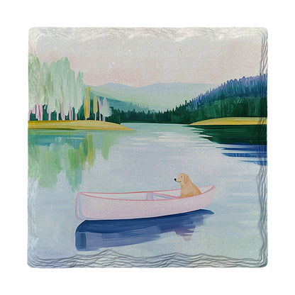 Pastel Pink Dog in Lake Canoe | Ceramic Drink Coaster