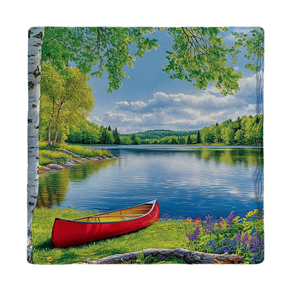 Colorful Lake Canoe Scene | Ceramic Drink Coaster