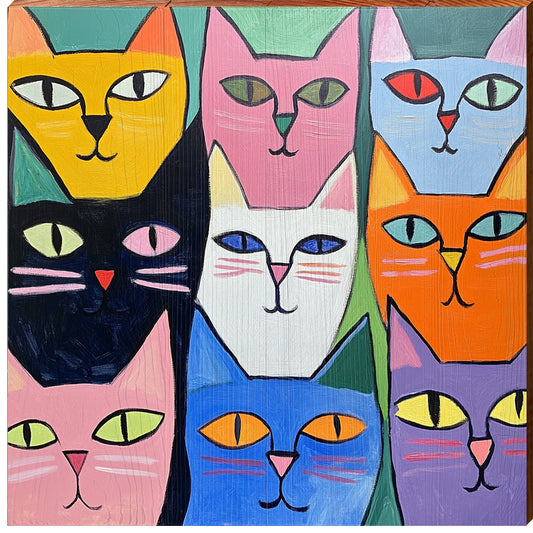 Colorful Cat Smiles | Wall Art Print on Real Wood