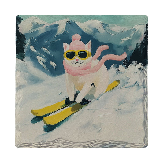 Winter Cat Shredding Slopes | Ceramic Drink Coaster