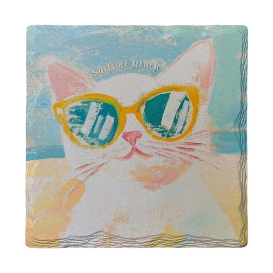 Surfside Beach Cool Cat | Ceramic Drink Coaster