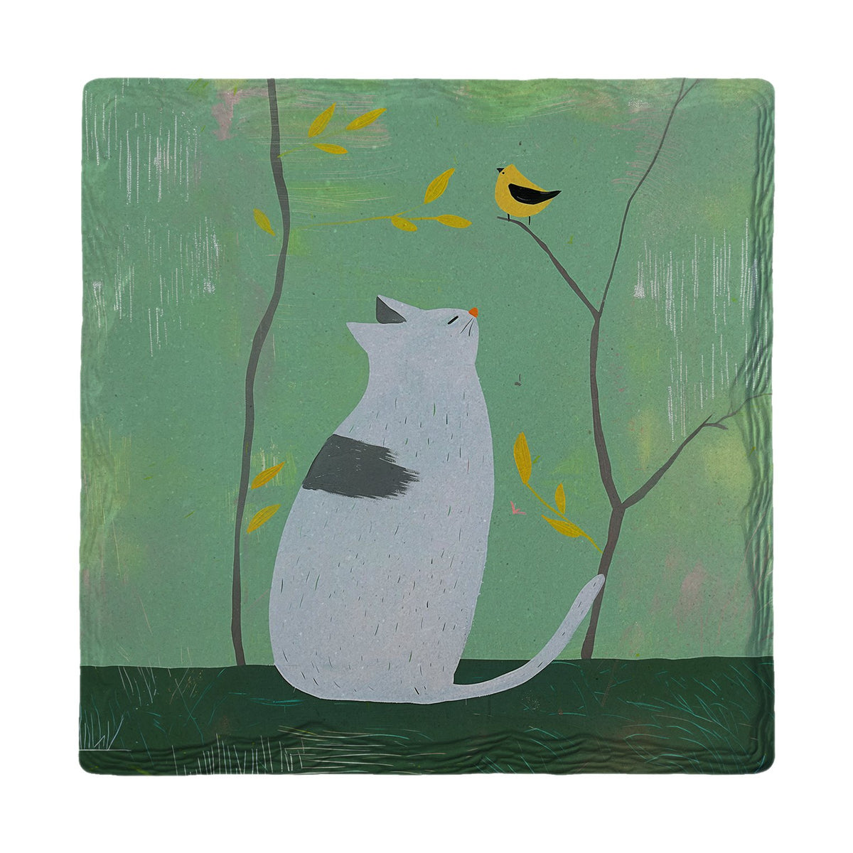 Curious Cat And Songbird | Ceramic Drink Coaster