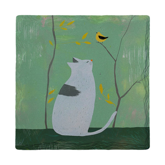 Curious Cat And Songbird | Ceramic Drink Coaster