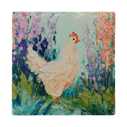 Impasto Chicken in the Flowers | Ceramic Drink Coaster