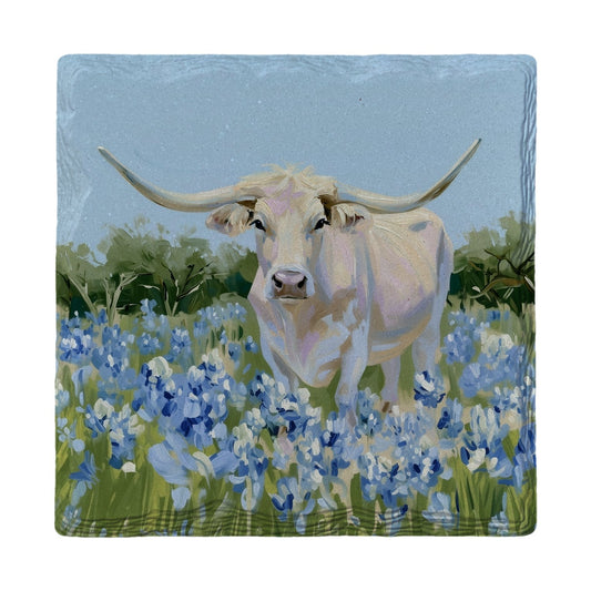 Longhorn In Bluebonnets | Ceramic Drink Coaster