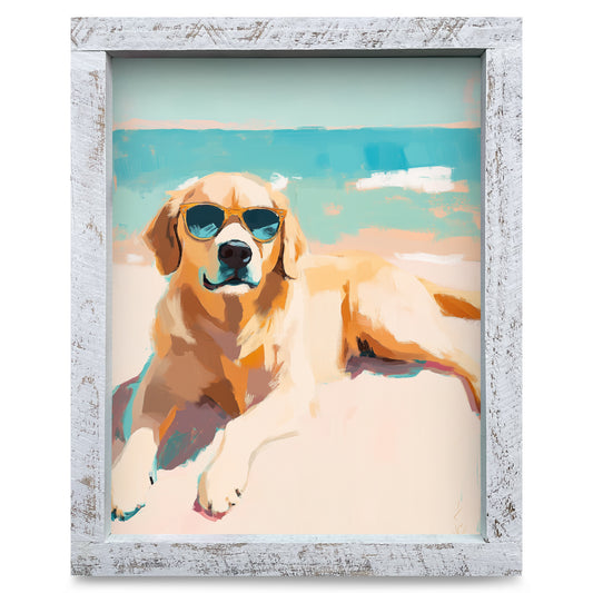 Yellow Lab Beach Day | Real Wood Framed Wall Art Print