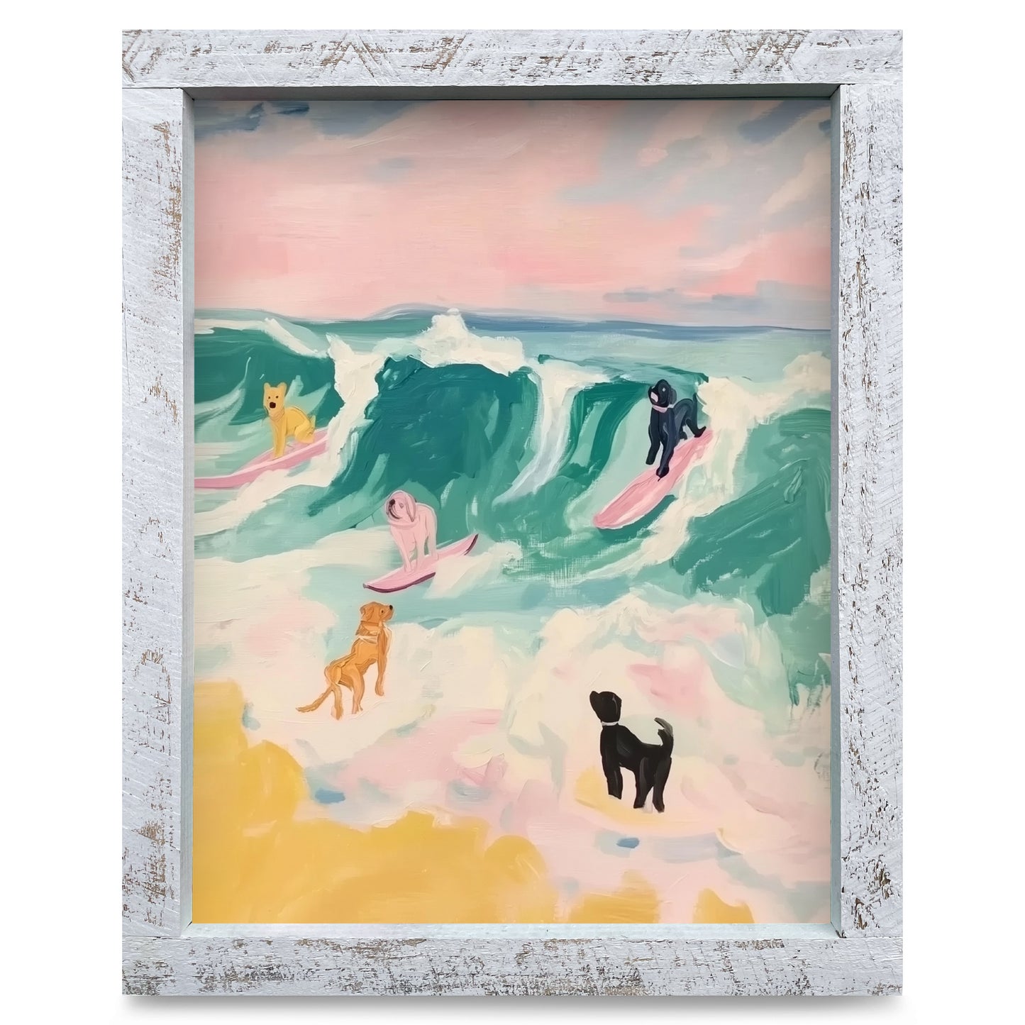 Surfing Dogs | Real Wood Framed Wall Art Print