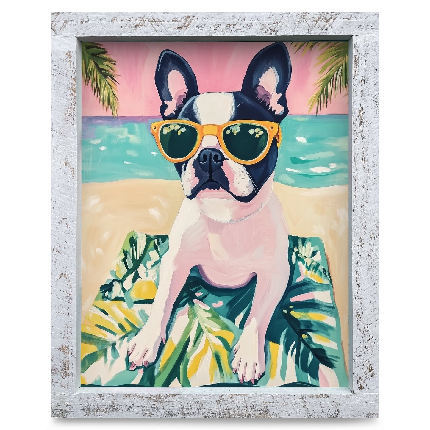 Beachie Boston Terrier | Real Wood Framed Wall Art Print