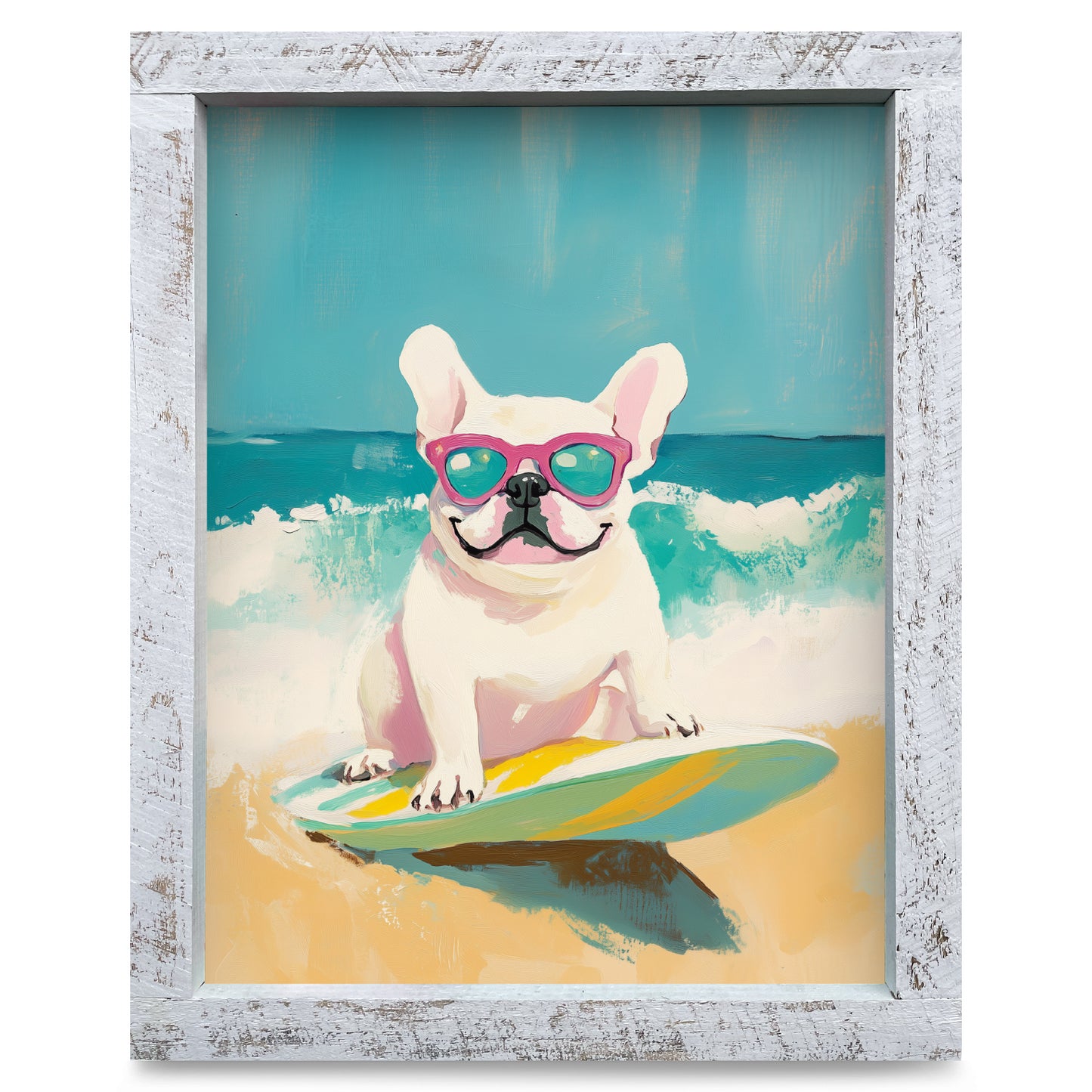 Surfs Up French Bulldog | Real Wood Framed Wall Art Print