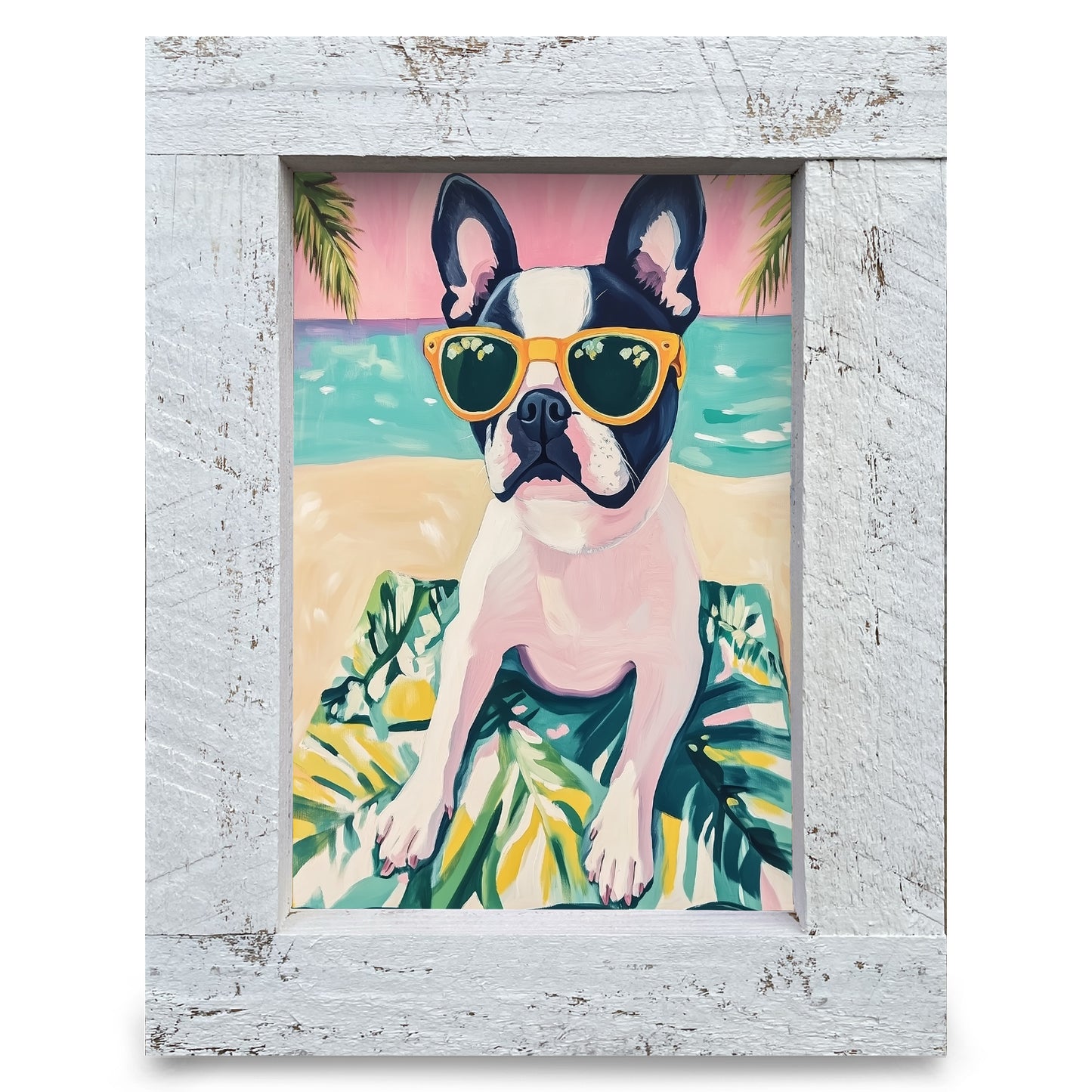 Beachie Boston Terrier | Real Wood Framed Wall Art Print