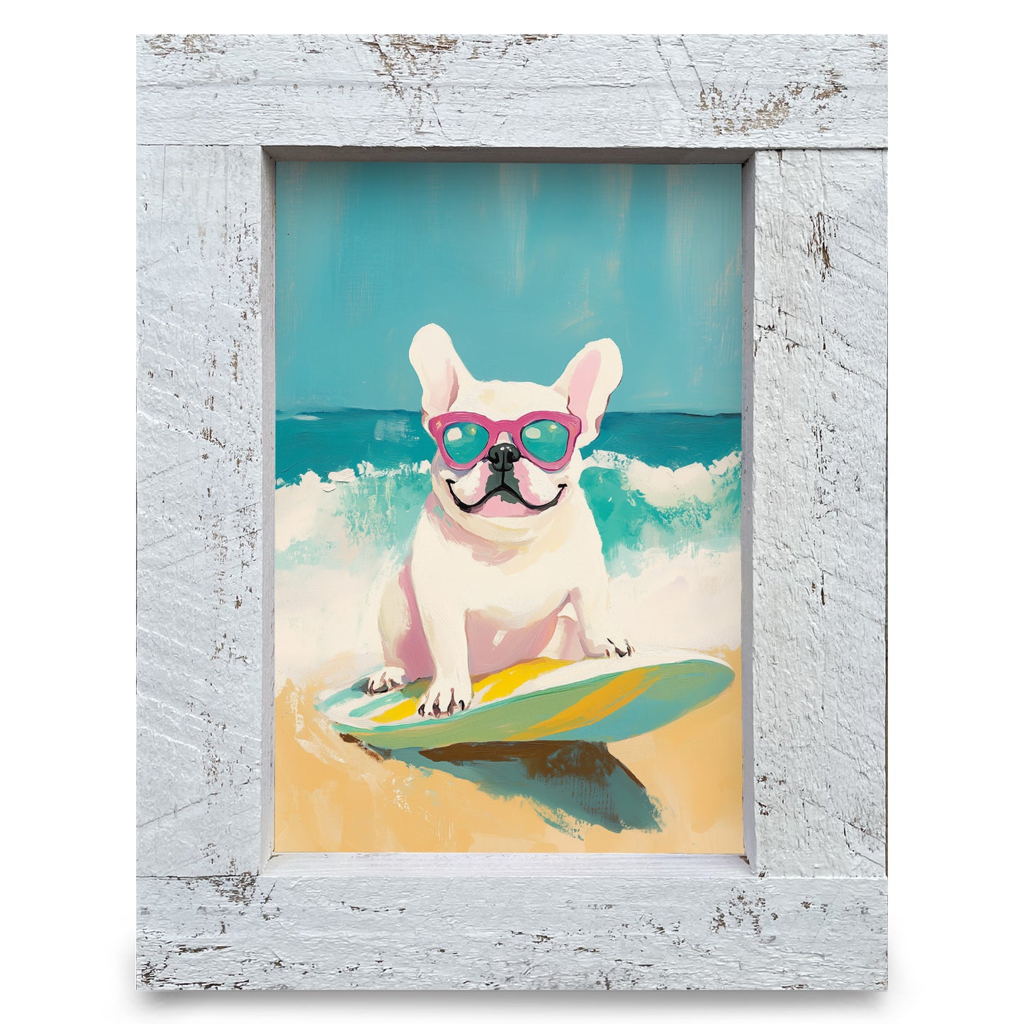 Surfs Up French Bulldog | Real Wood Framed Wall Art Print