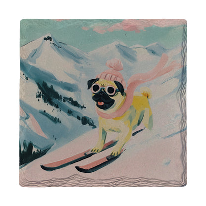 Winter Pug Shredding Slopes | Ceramic Drink Coaster
