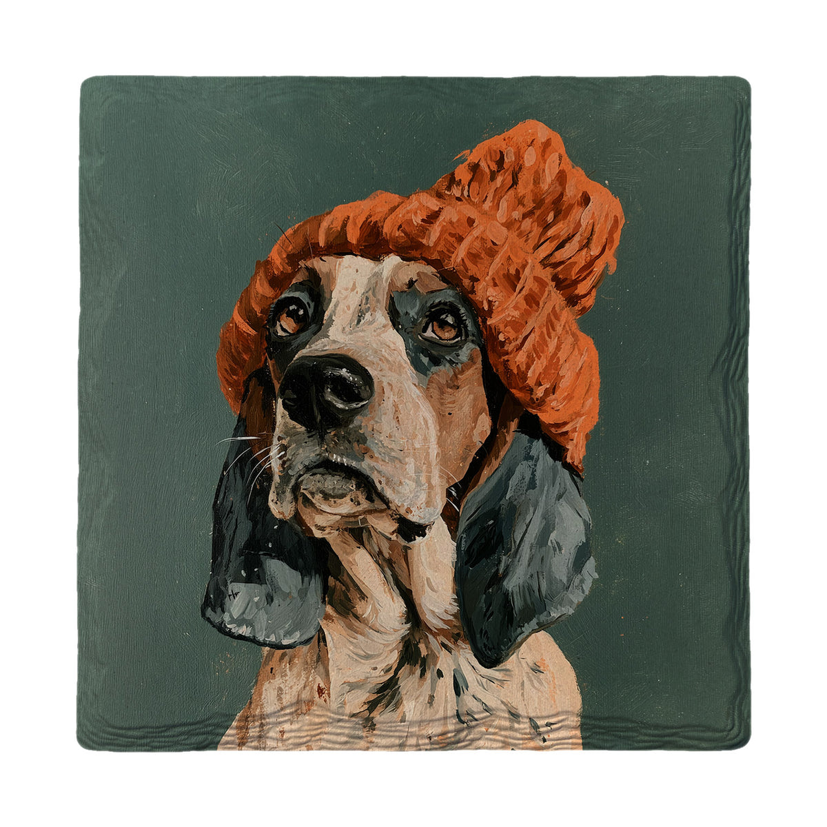 Basset Hound In Orange Beanie absorbent ceramic drink coaster