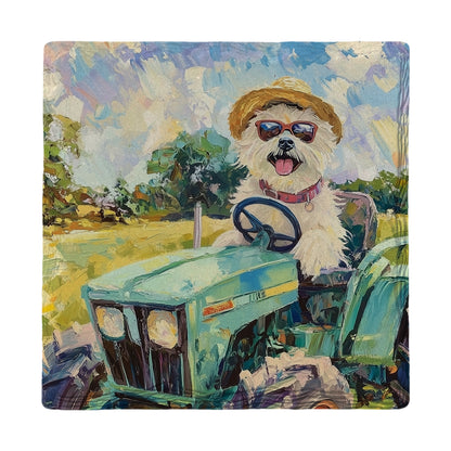 Happy Dog In Tractor | Ceramic Drink Coaster
