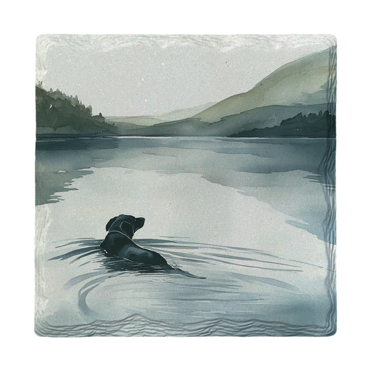Watercolor Black Lab Lake Swim | Ceramic Drink Coaster