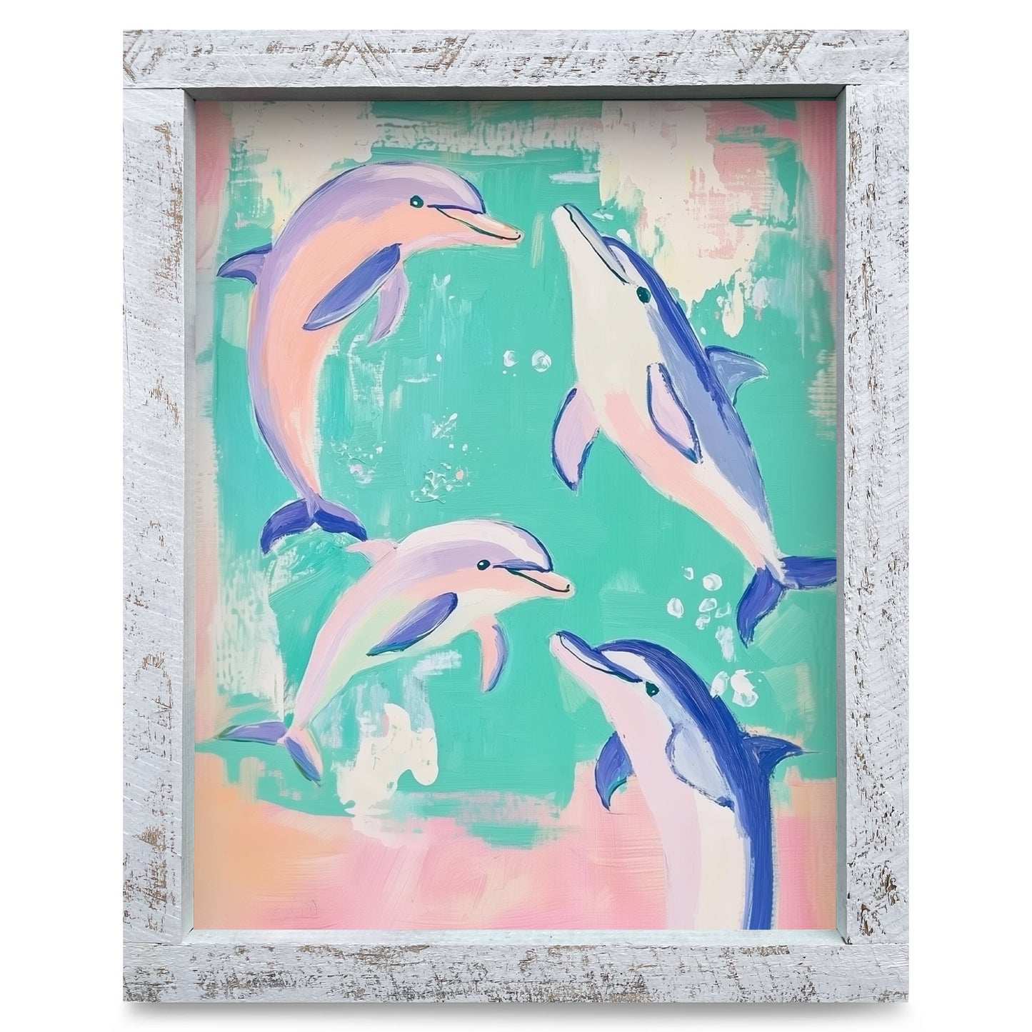 Happy Dolphins | Real Wood Framed Wall Art Print