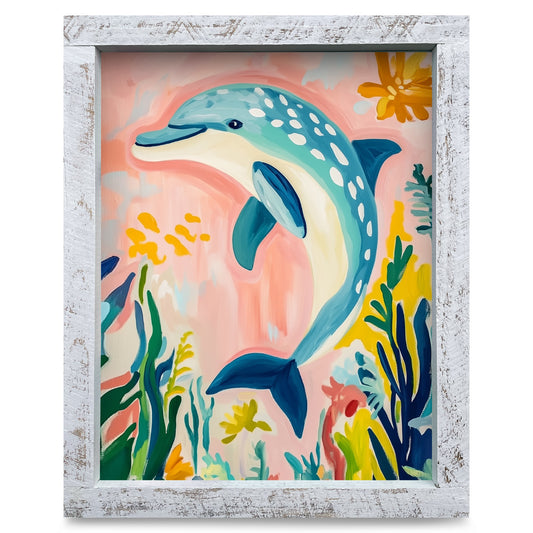 Cute Colorful Dolphin | Real Wood Framed Wall Art Print