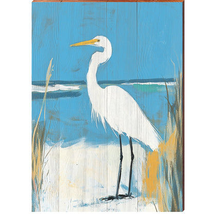 Blue Sky Egret Portrait | Wall Art Print on Real Wood