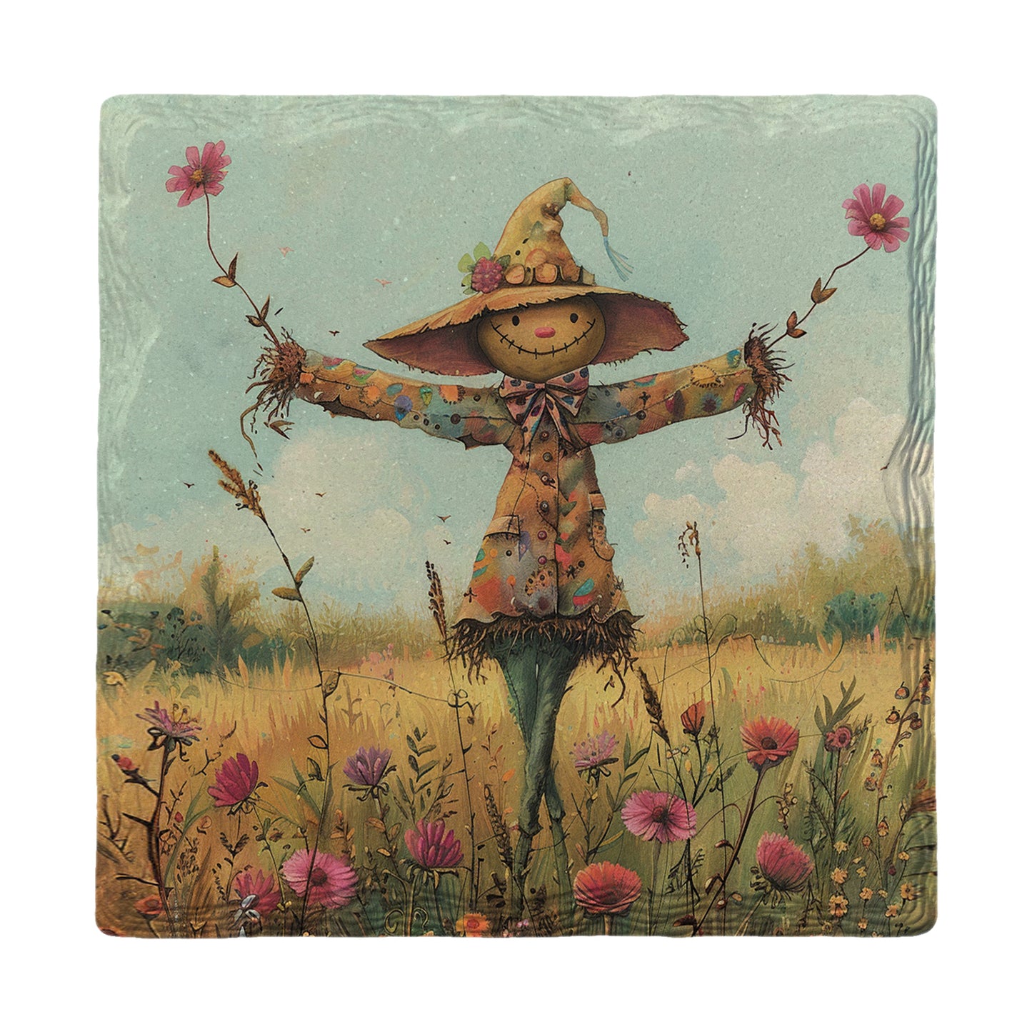 Cute Scarecrow With Flowers | Ceramic Drink Coaster