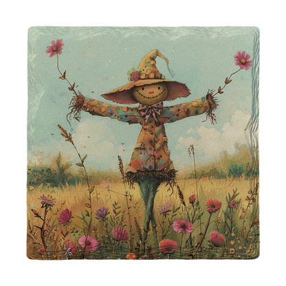 Cute Scarecrow With Flowers | Ceramic Drink Coaster