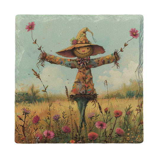 Cute Scarecrow With Flowers | Ceramic Drink Coaster