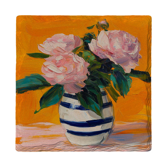 Peonies in Striped Vase | Ceramic Drink Coaster