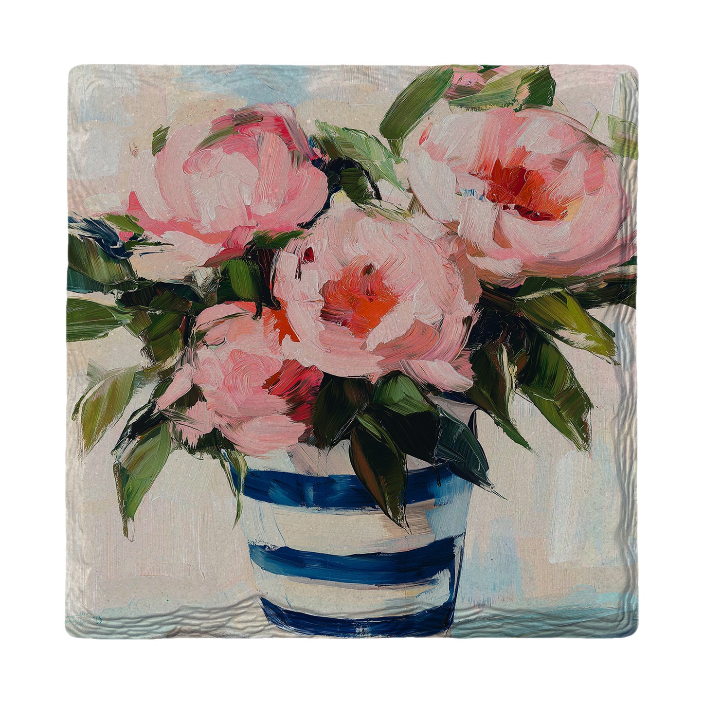 Pink Flowers Navy Stripes | Ceramic Drink Coaster