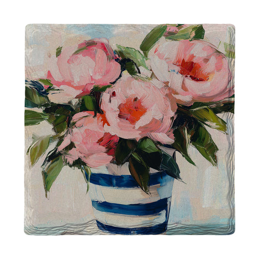 Pink Flowers Navy Stripes | Ceramic Drink Coaster